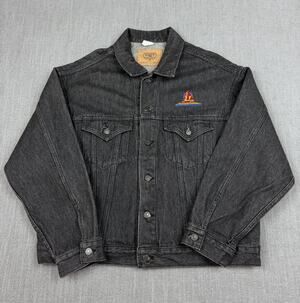 Vintage International Denim Black Jean Jacket Hollywood Pictures Embroidered XL